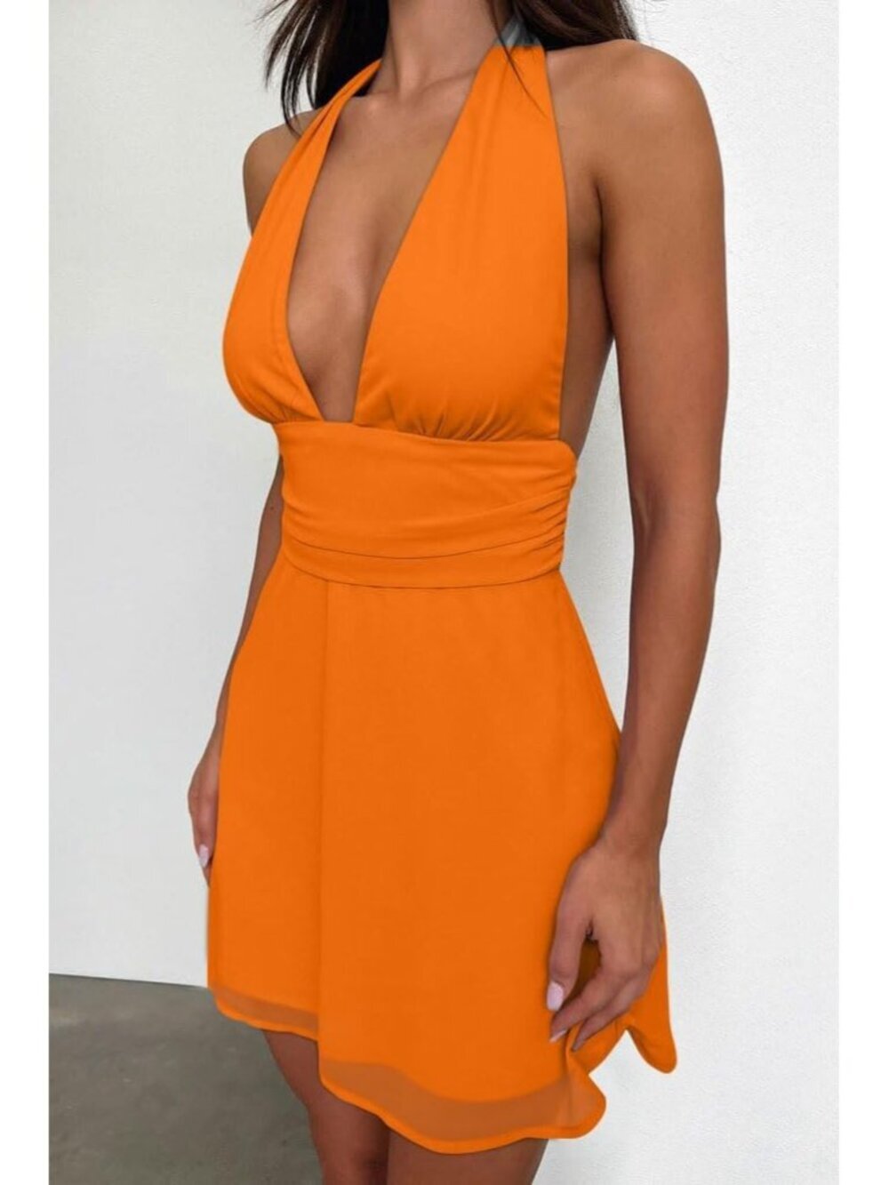 〽️Women's Orange Halter Deep V Neck Flowy Chiffon Bow Tie Backless Mini Dress
